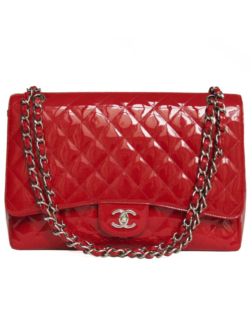 Sac maxi jumbo  CHANEL cuir verni rouge