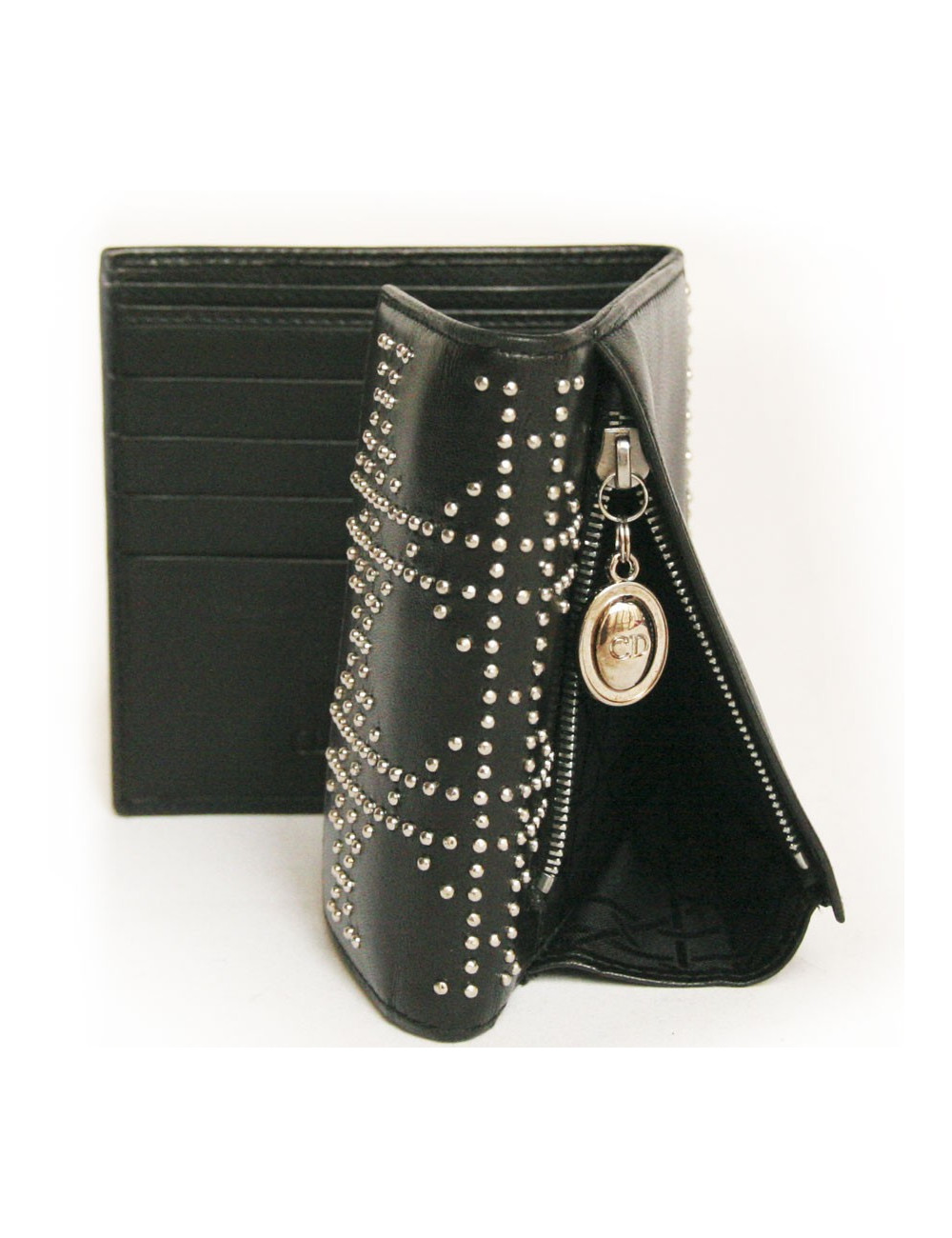 Portefeuille DIOR en cuir noir et clous argentés