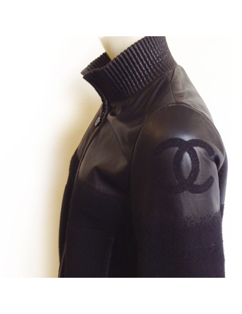 Blouson CHANEL cuir et laine noir