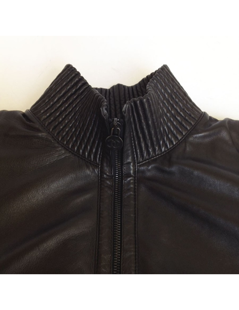 Blouson CHANEL cuir et laine noir