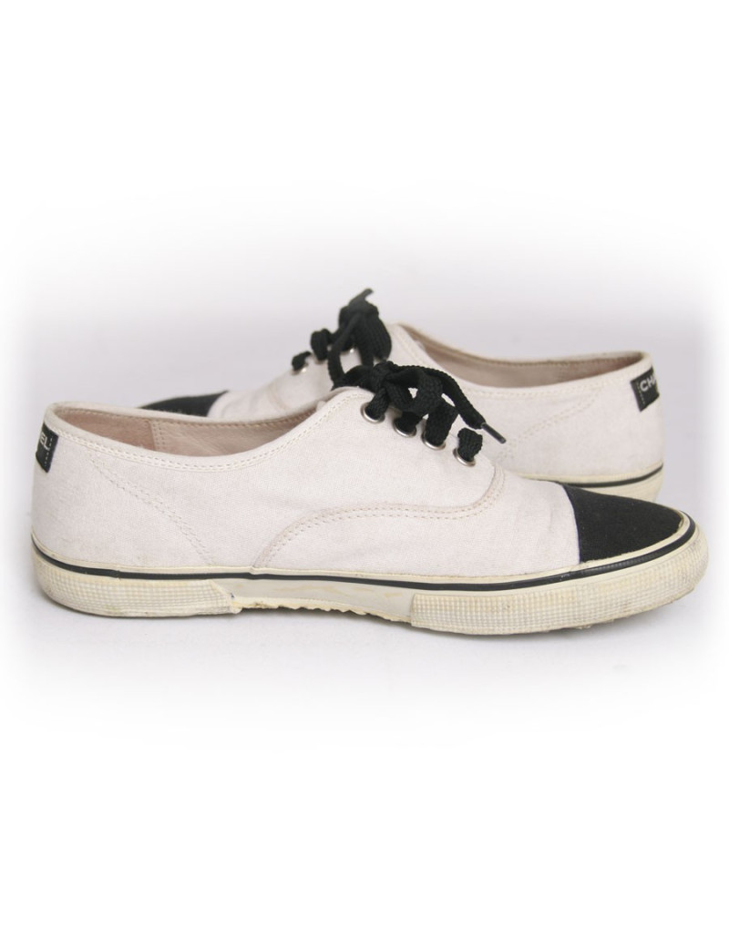 Tennis CHANEL t 37 toile blanc et noir