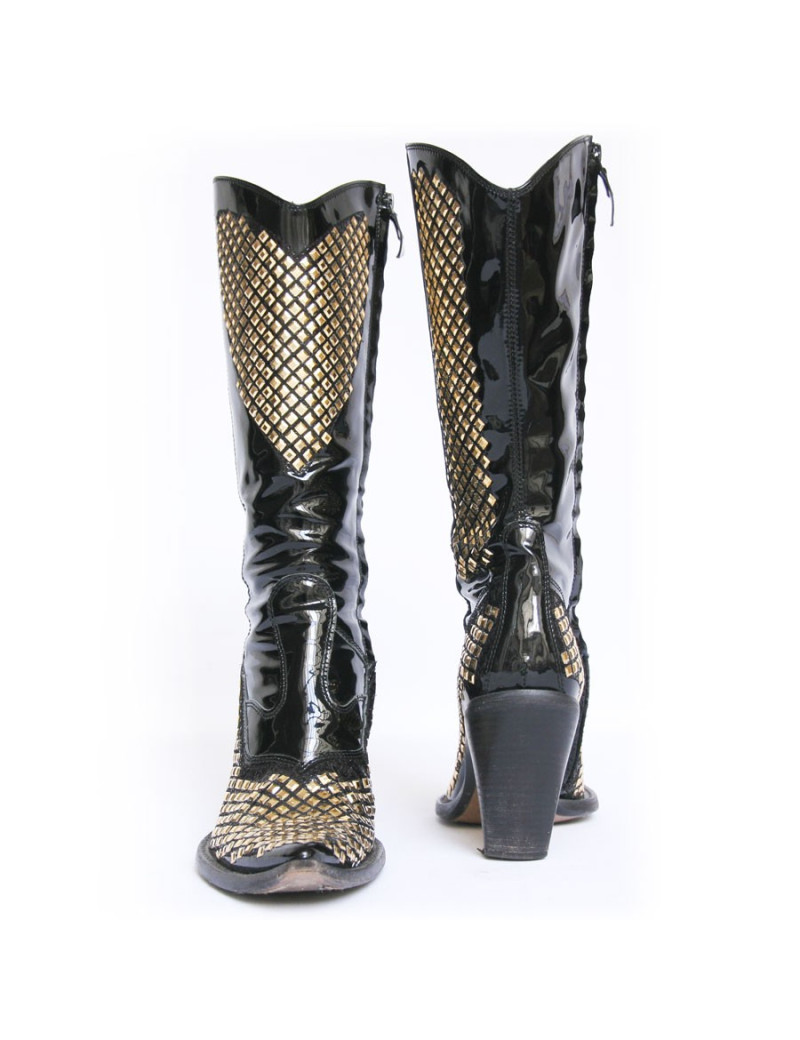 Santiags DAMY T37 en cuir verni et strass doré