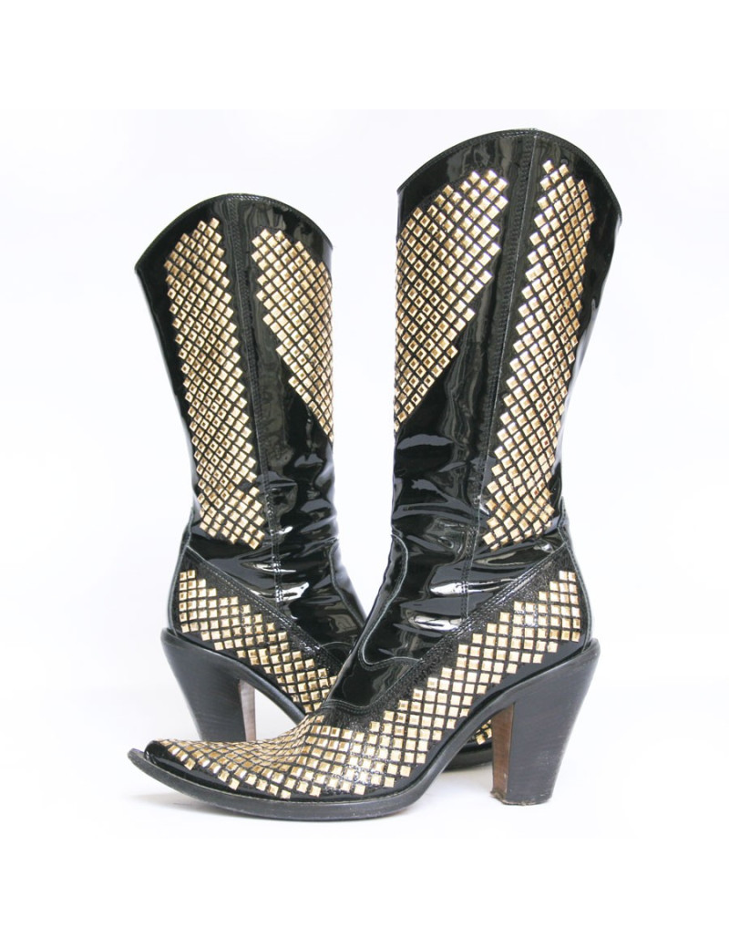 Santiags DAMY T37 en cuir verni et strass doré