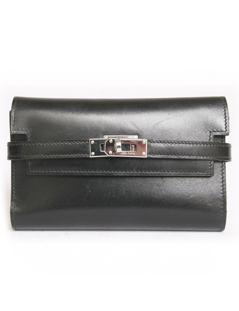 Portefeuille Kelly HERMES cuir de box noir