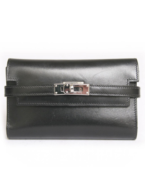 Portefeuille Kelly HERMES cuir de box noir