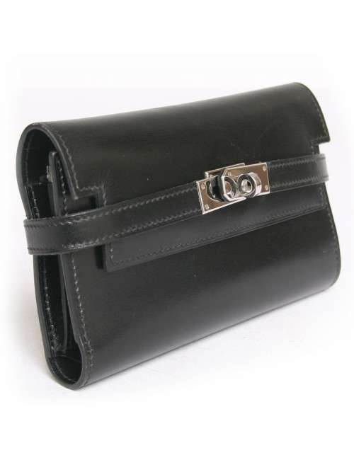 Portefeuille Kelly HERMES cuir de box noir