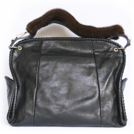 YVES SAINT LAURENT black leather and mink tote bag