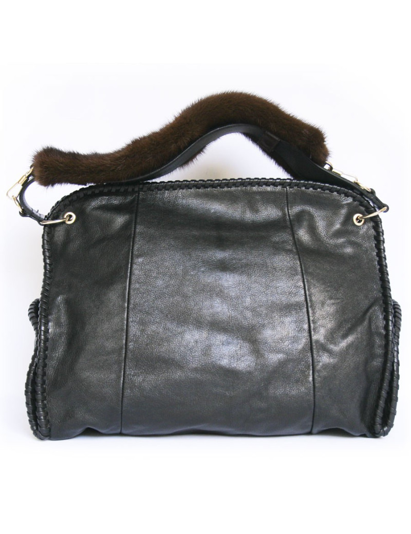 Sac cabas YVES SAINT LAURENT cuir noir et vison