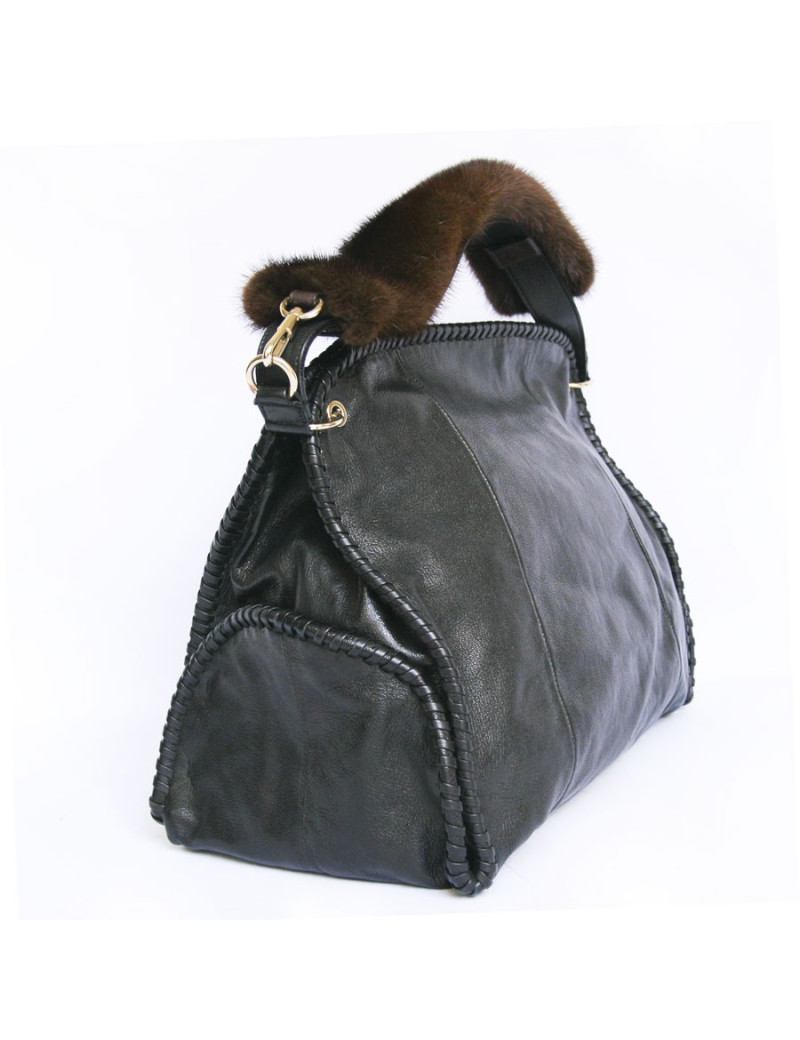 Sac cabas YVES SAINT LAURENT cuir noir et vison