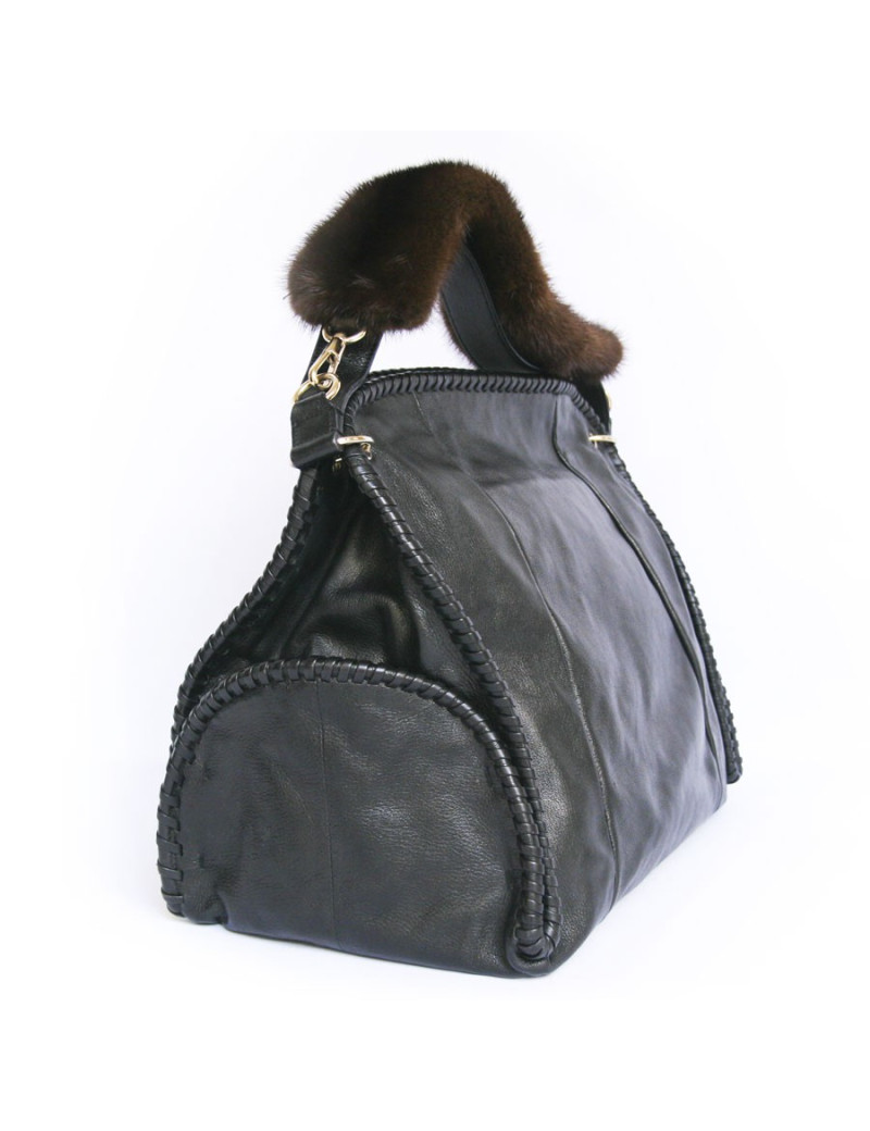 Sac cabas YVES SAINT LAURENT cuir noir et vison