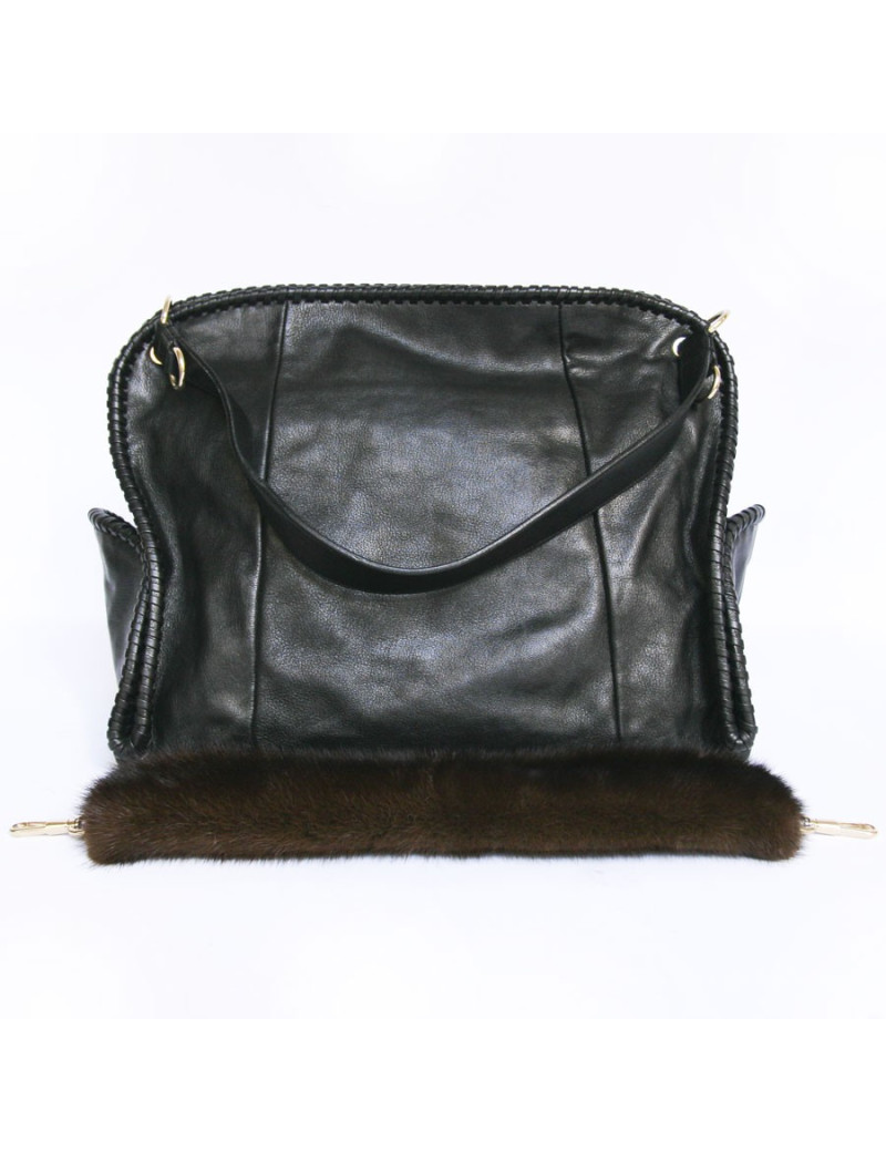 Sac cabas YVES SAINT LAURENT cuir noir et vison