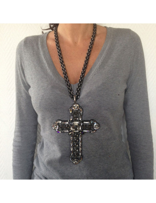 Collier LANVIN croix  XXL en verre et cristaux Swarovski noir et transparent