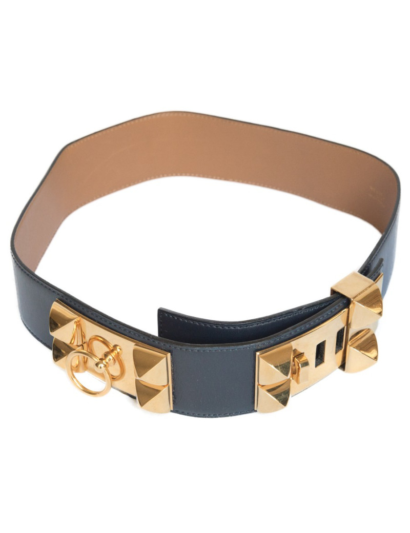 Ceinture Médor HERMES cuir de box  bleu t 70
