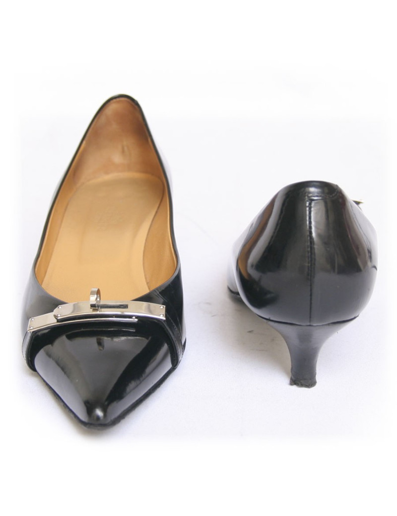 Escarpins HERMES T37 boucle Kelly cuir noir