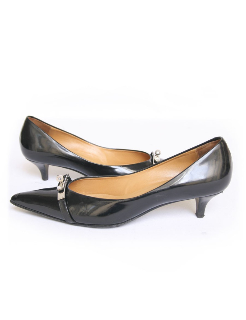 Escarpins HERMES T37 boucle Kelly cuir noir