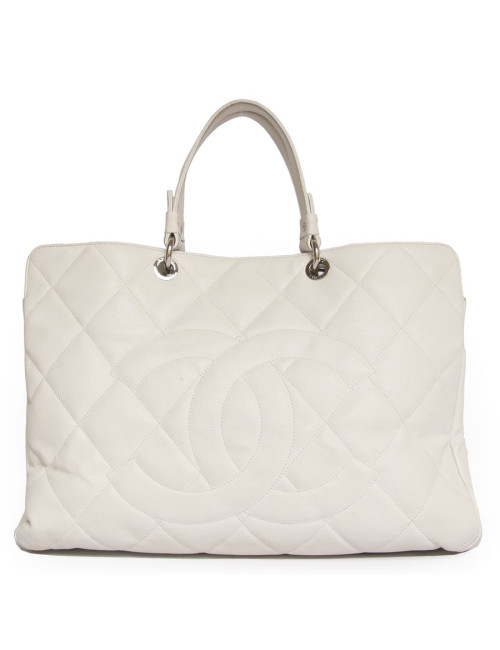 Grand sac shopping CHANEL veau grainé blanc