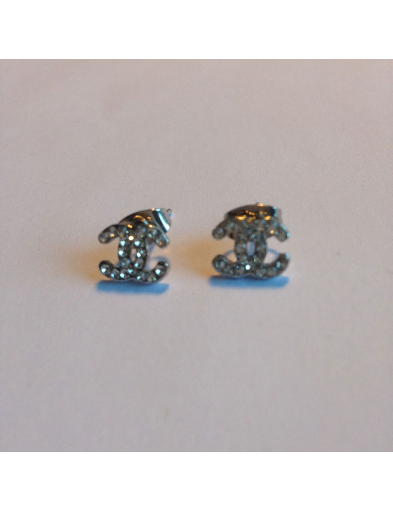 Mini clous d'oreille CHANEL argent et strass