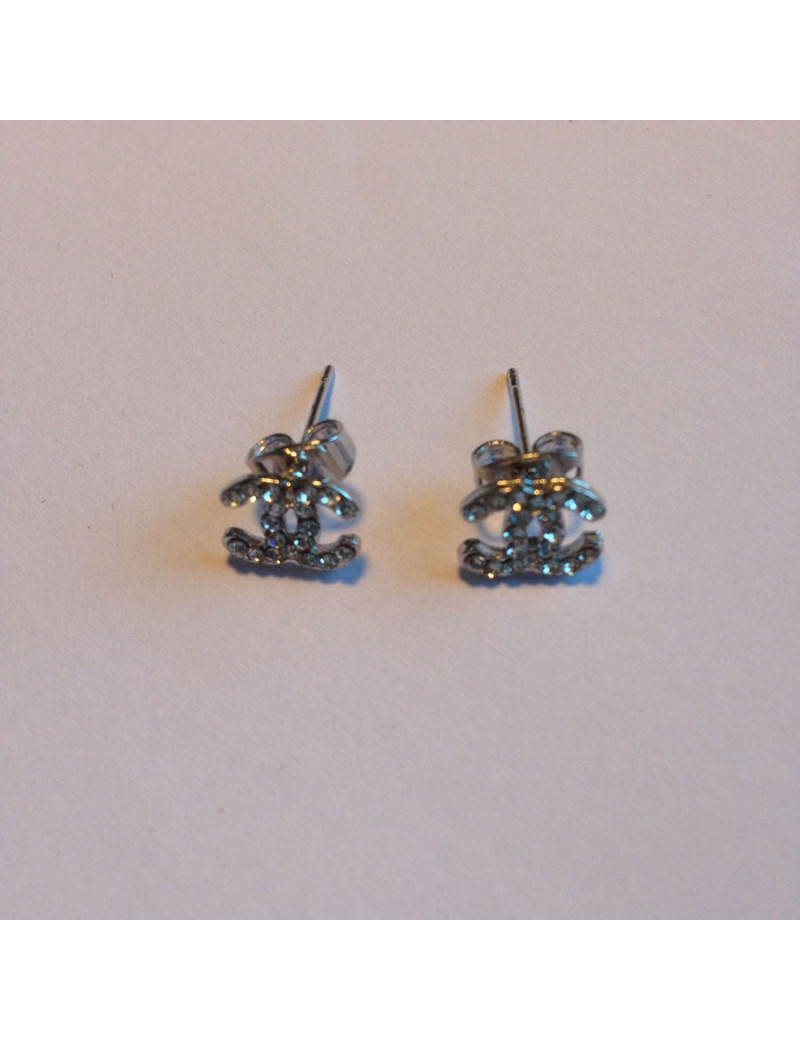 Mini clous d'oreille CHANEL argent et strass