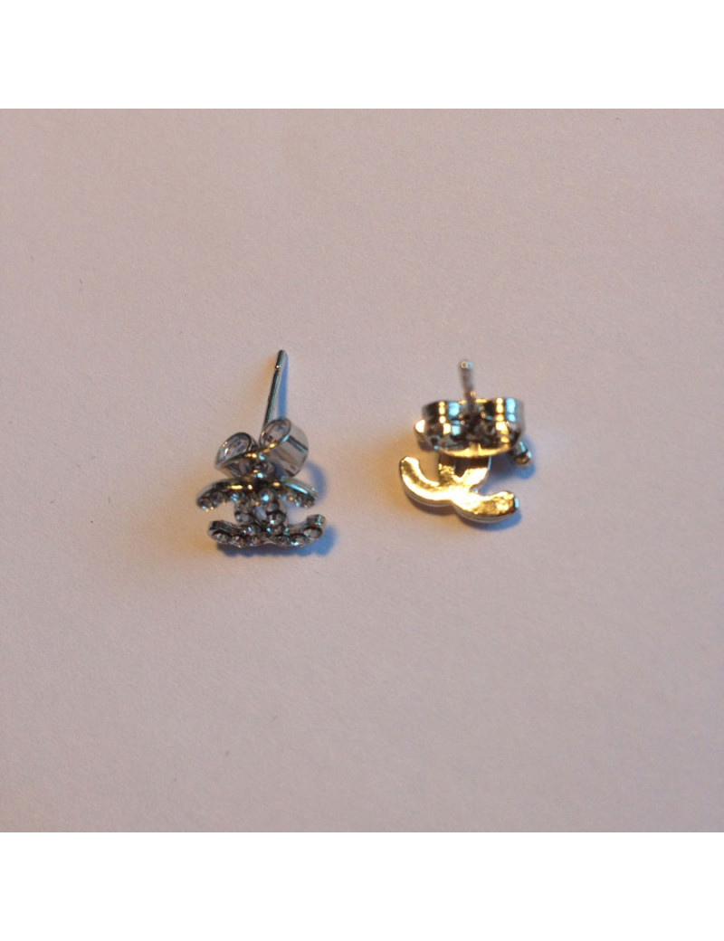 Mini clous d'oreille CHANEL argent et strass