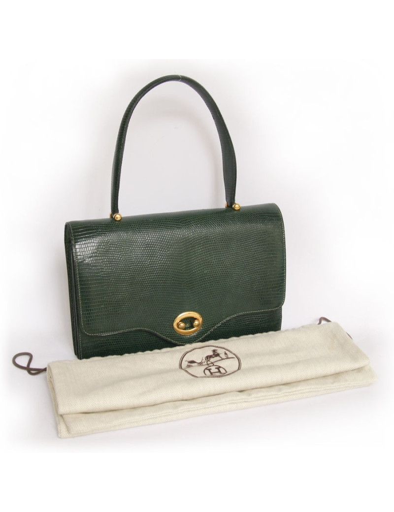 Sac HERMES en lézard vert Vintage