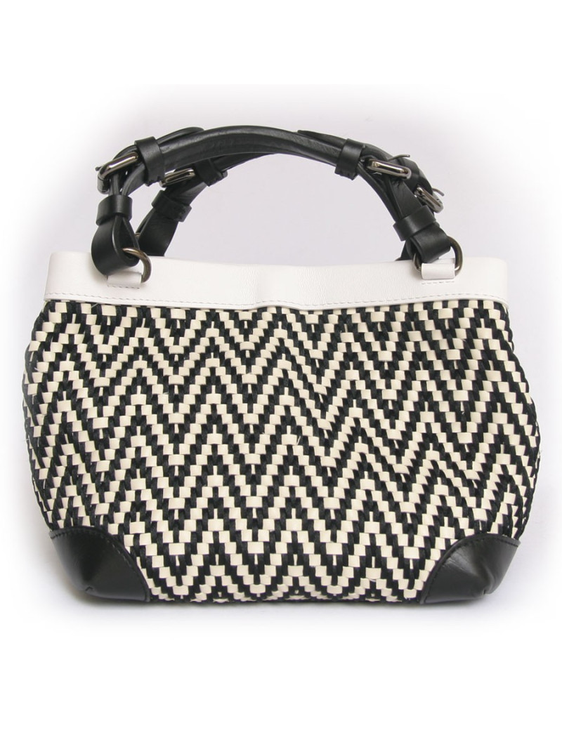 Sac "Cubo" CAROLINE DE MARCHI soie et cuir tressés noir et blanc