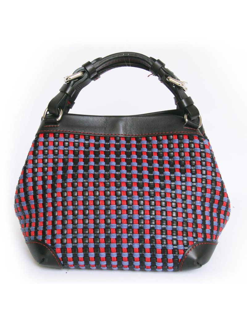 Sac "Cubo" CAROLINE DE MARCHI en cuir noir et coton tressé rouge et violet
