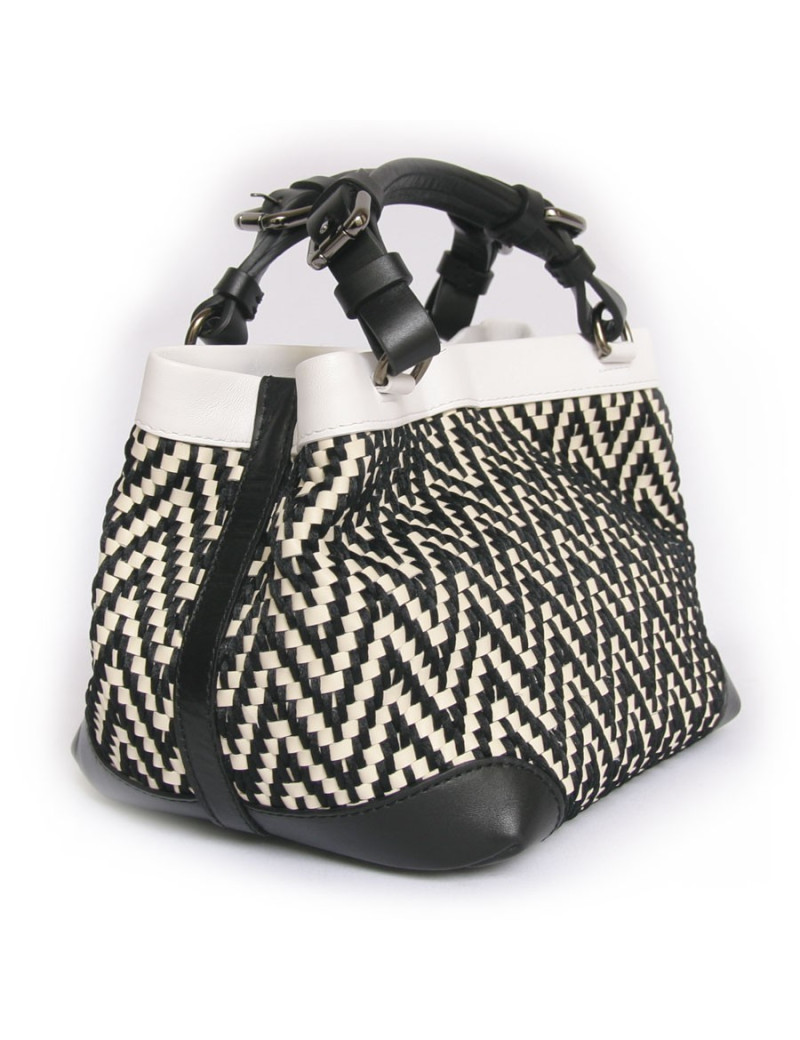 Sac "Cubo" CAROLINE DE MARCHI soie et cuir tressés noir et blanc