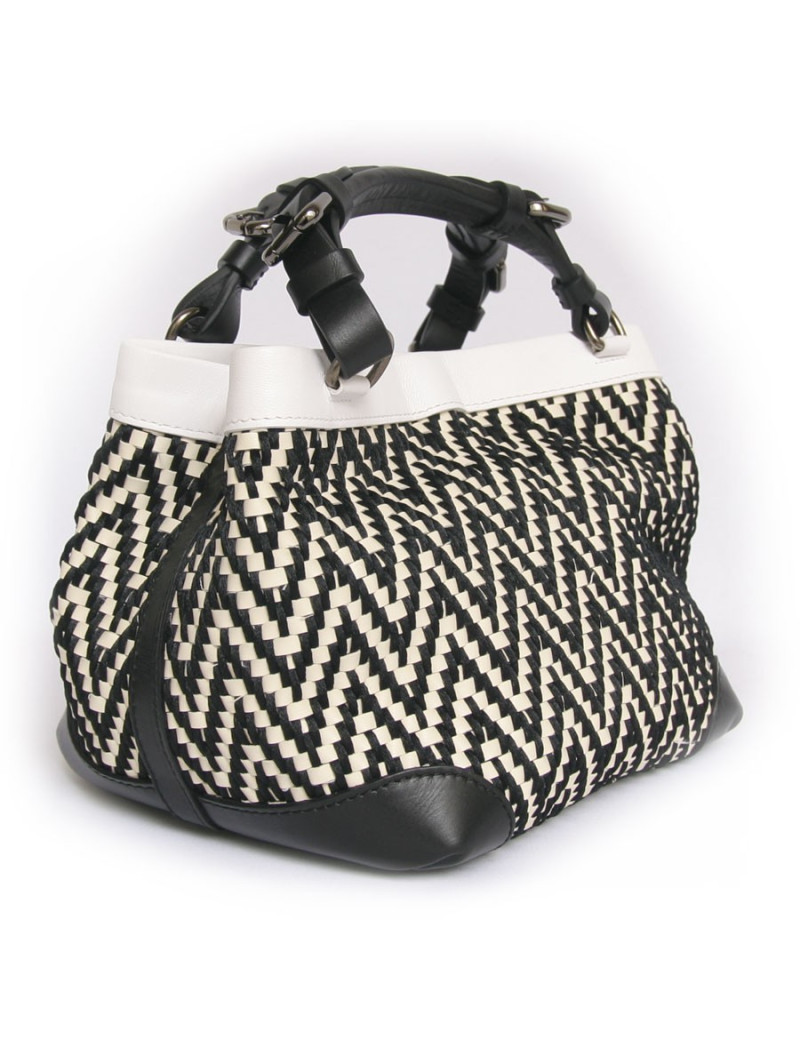 Sac "Cubo" CAROLINE DE MARCHI soie et cuir tressés noir et blanc