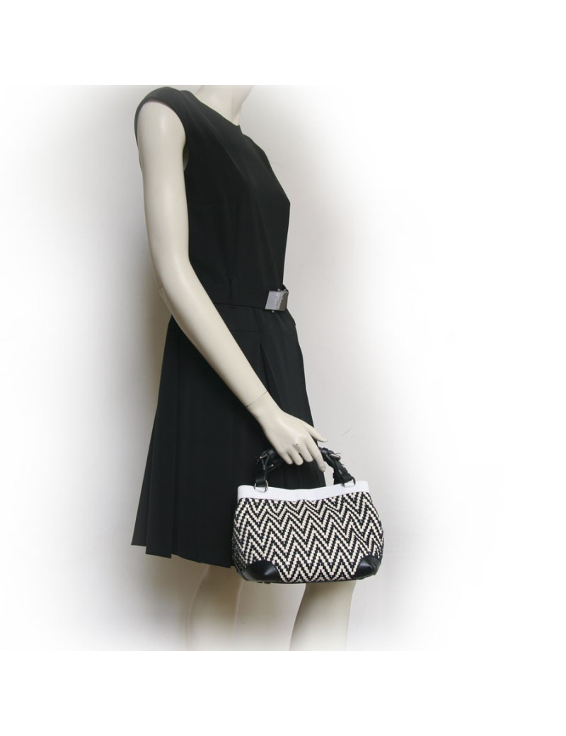 Sac "Cubo" CAROLINE DE MARCHI soie et cuir tressés noir et blanc