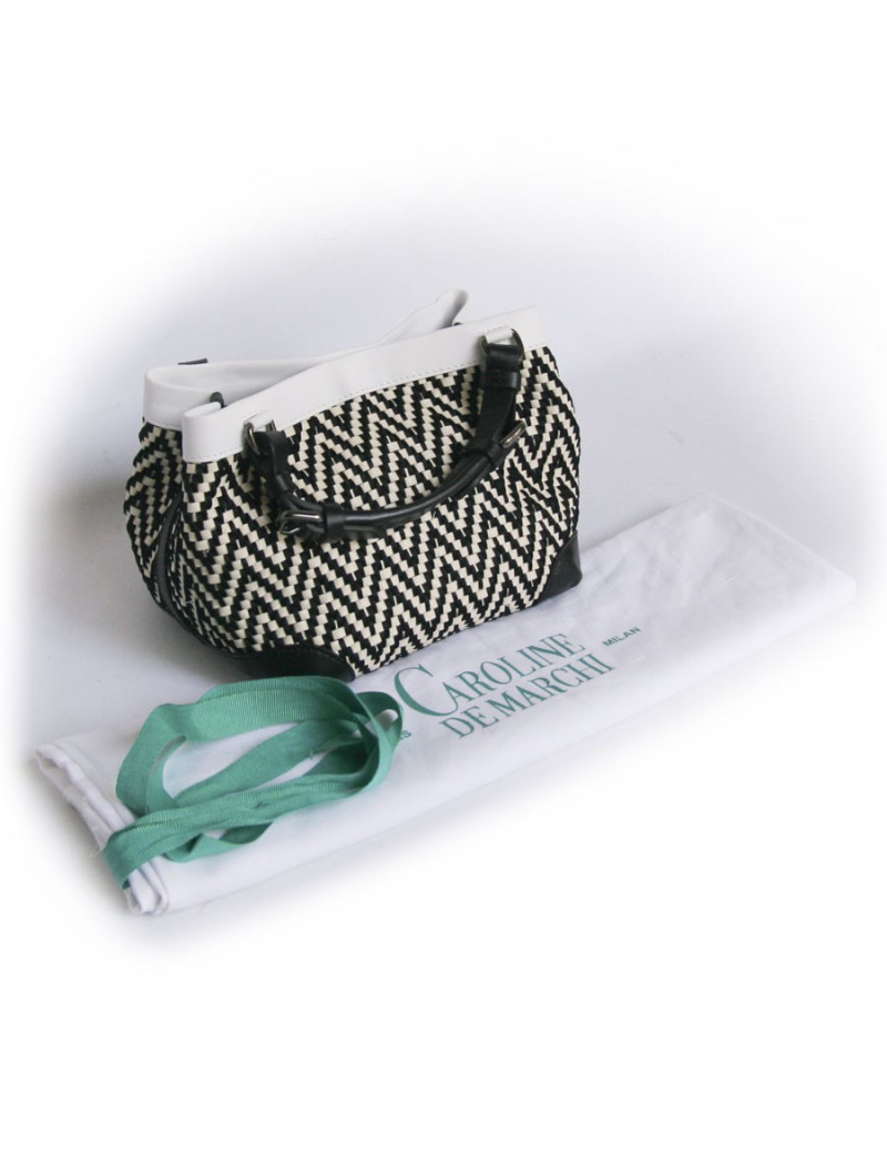 Sac "Cubo" CAROLINE DE MARCHI soie et cuir tressés noir et blanc