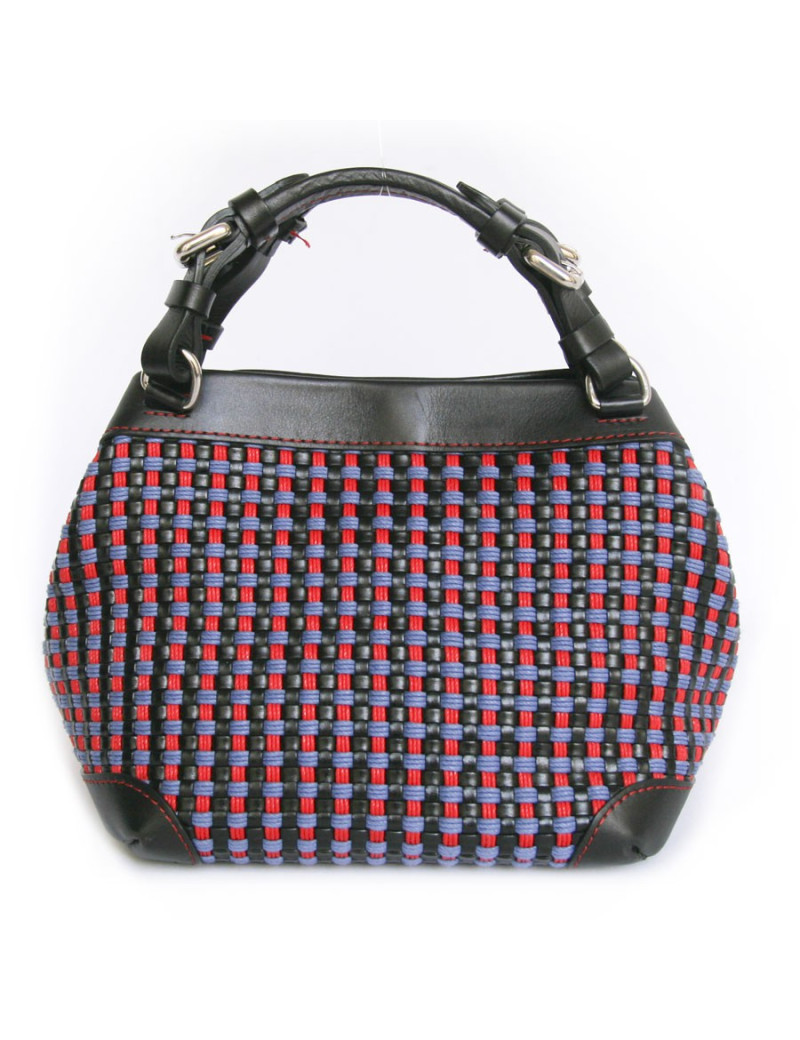 Sac "Cubo" CAROLINE DE MARCHI en cuir noir et coton tressé rouge et violet