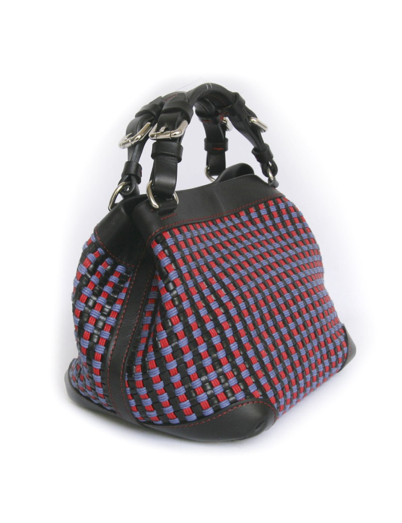 Sac "Cubo" CAROLINE DE MARCHI en cuir noir et coton tressé rouge et violet