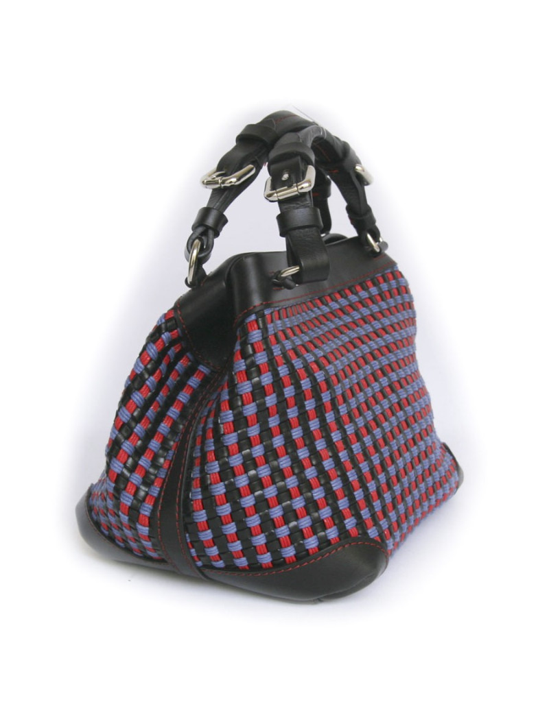 Sac "Cubo" CAROLINE DE MARCHI en cuir noir et coton tressé rouge et violet