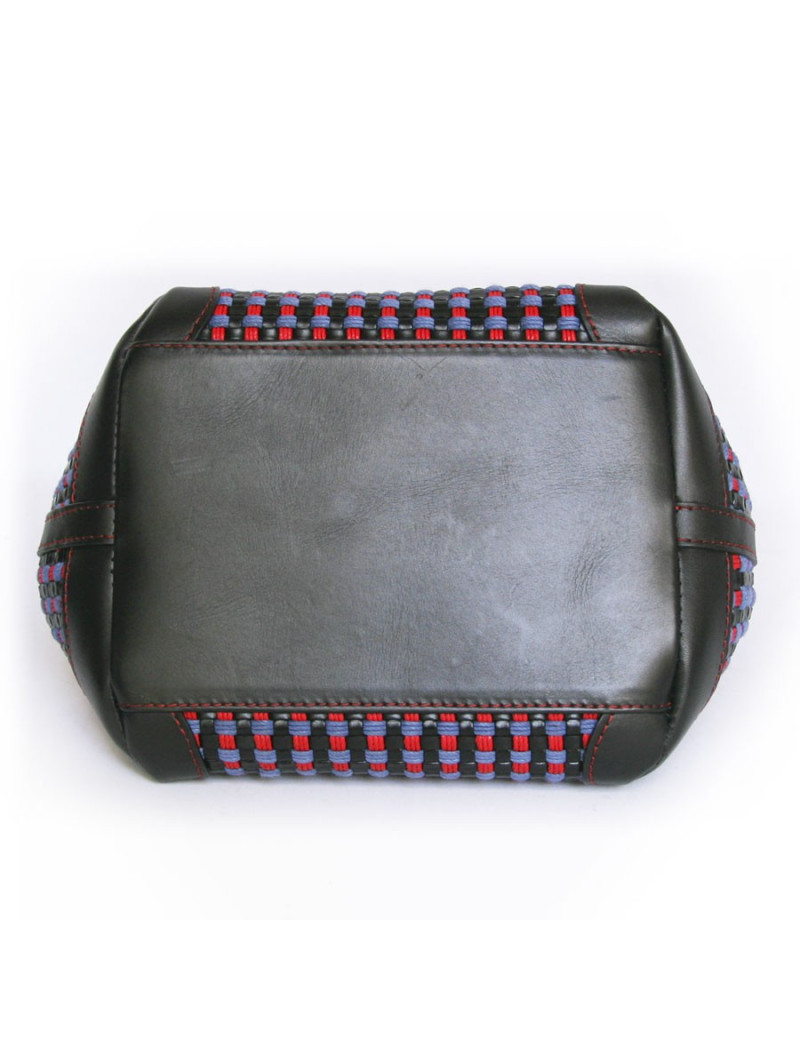 Sac "Cubo" CAROLINE DE MARCHI en cuir noir et coton tressé rouge et violet