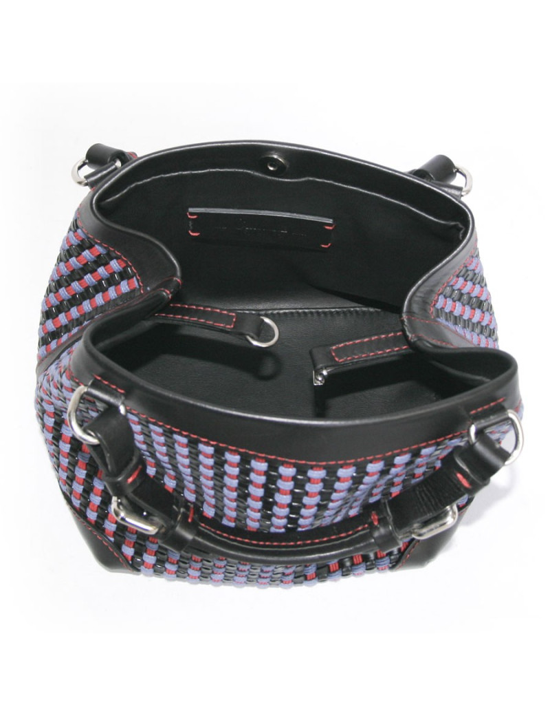 Sac "Cubo" CAROLINE DE MARCHI en cuir noir et coton tressé rouge et violet