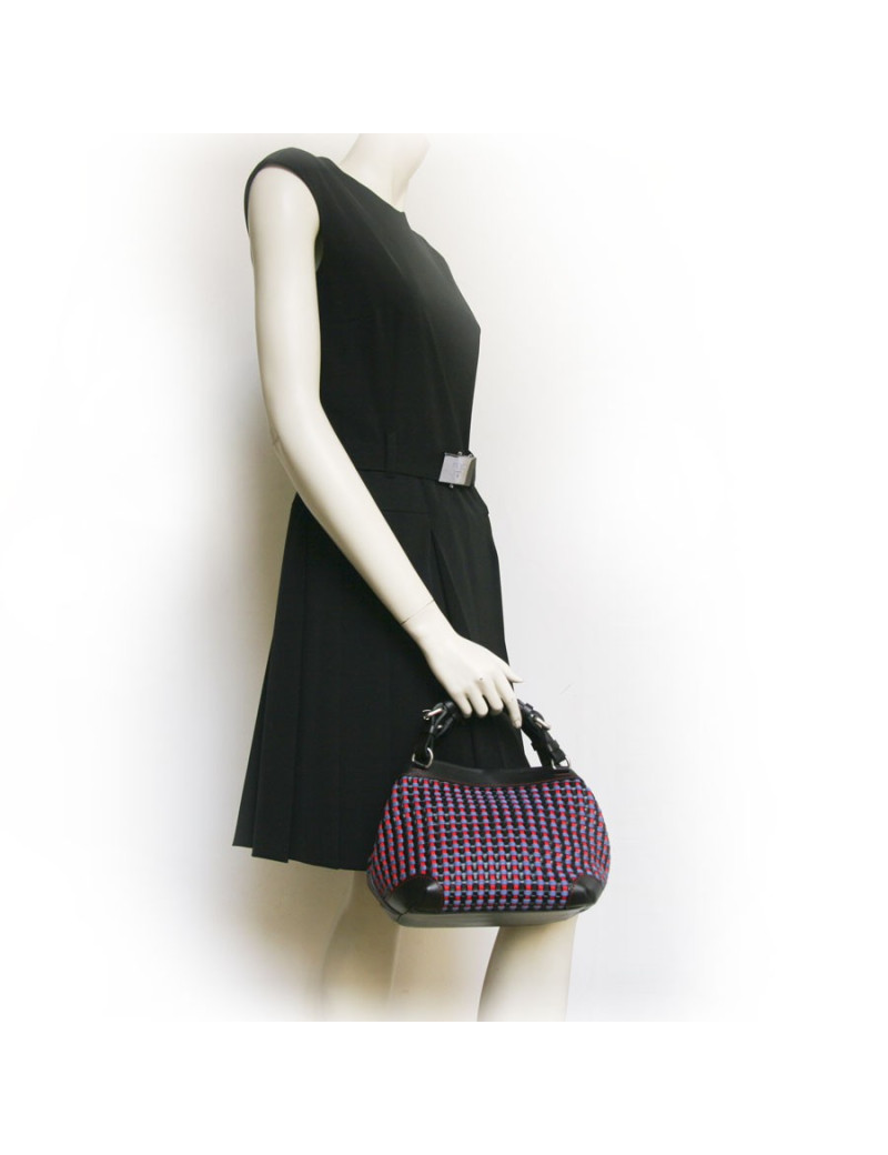 Sac "Cubo" CAROLINE DE MARCHI en cuir noir et coton tressé rouge et violet