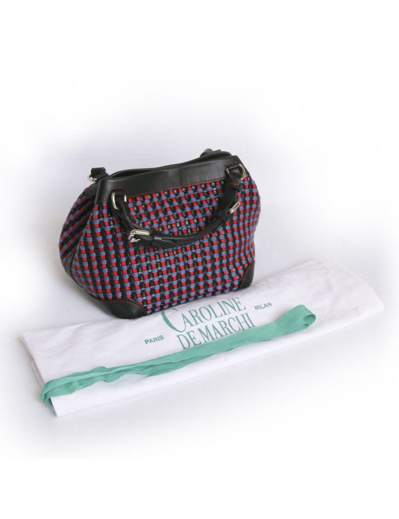 Sac "Cubo" CAROLINE DE MARCHI en cuir noir et coton tressé rouge et violet