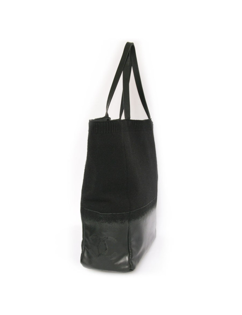 Sac cabas CHANEL  en cuir et laine noir 