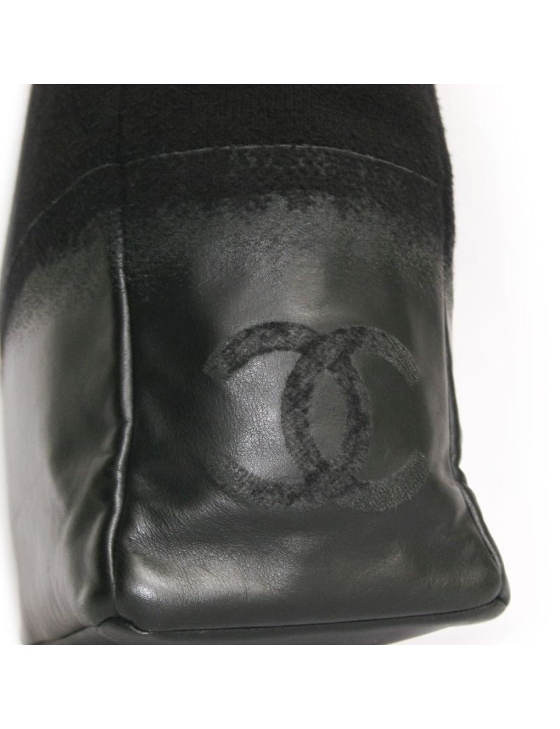 Sac cabas CHANEL  en cuir et laine noir 
