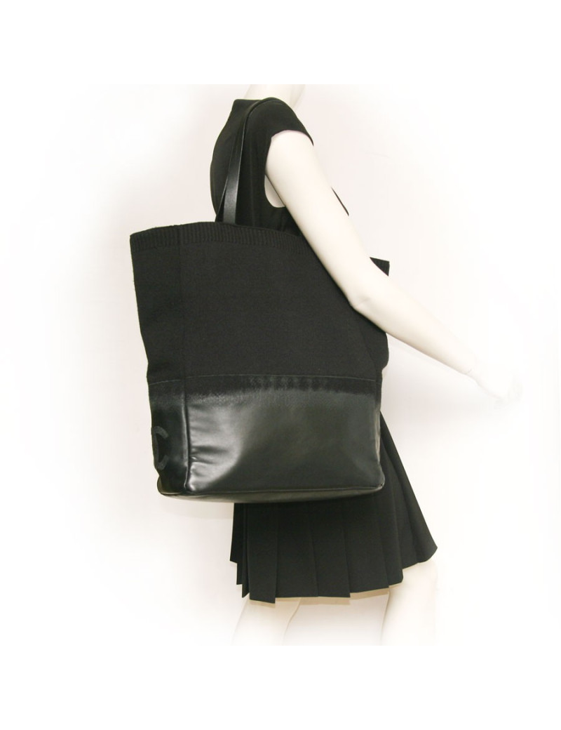 Sac cabas CHANEL  en cuir et laine noir 