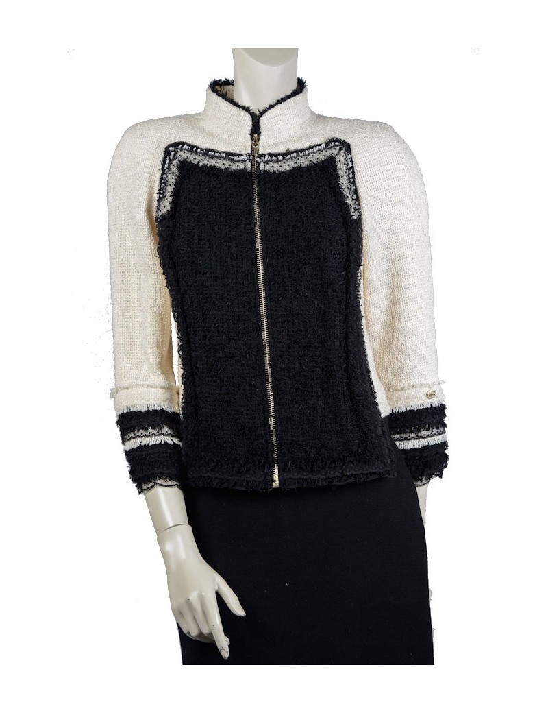 Veste CHANEL T 36 tweed beige et noir