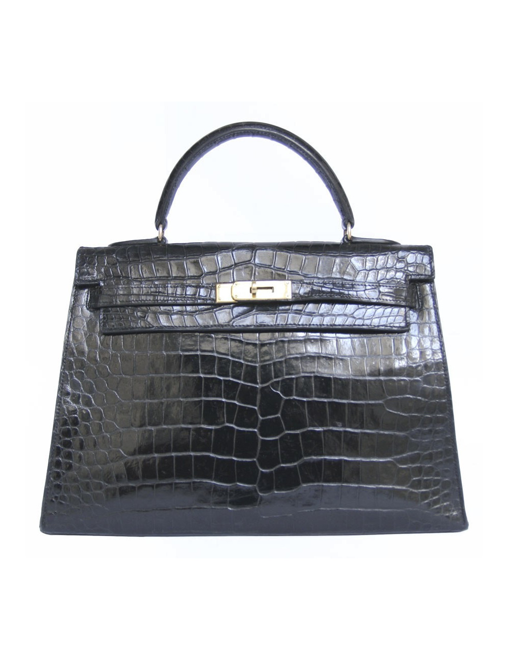 Kelly 32 crocodile porosus noir bijouterie dorée