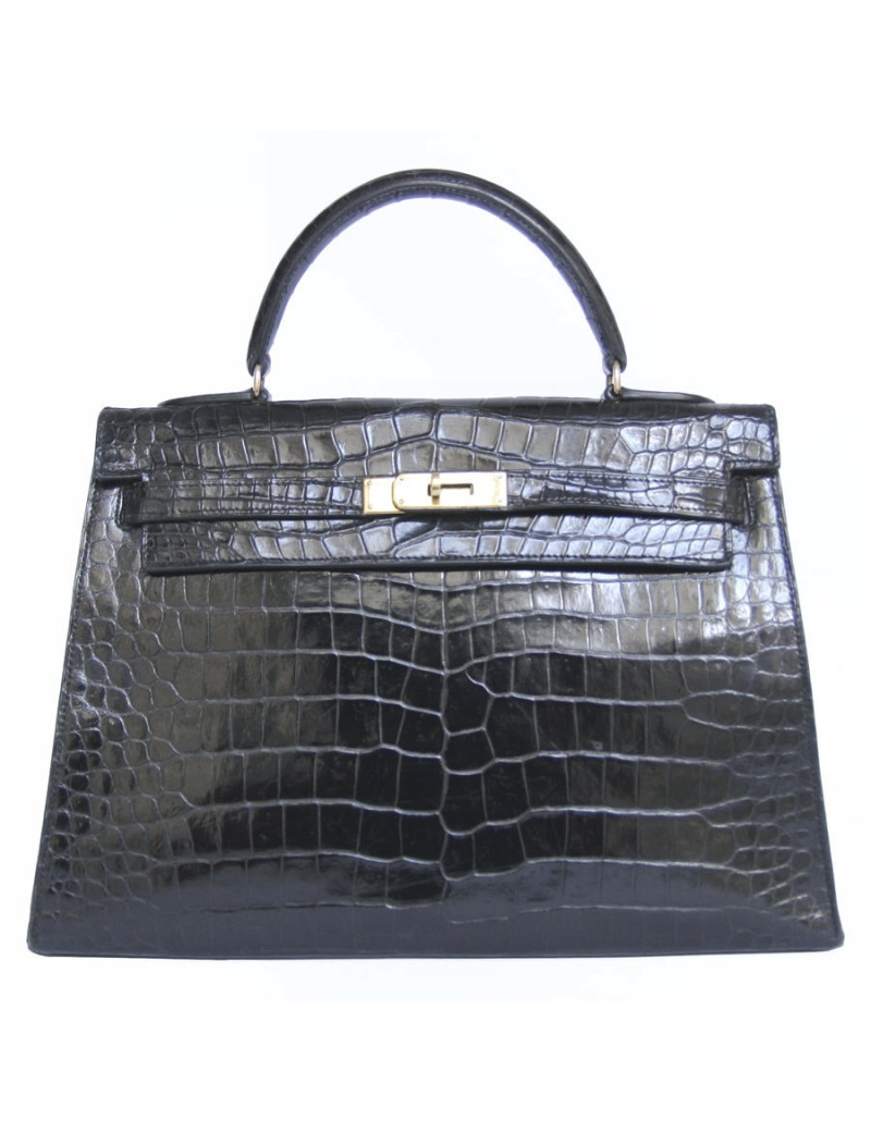 Kelly 32 crocodile porosus noir bijouterie dorée
