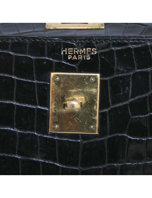 Kelly 32 crocodile porosus noir bijouterie dorée
