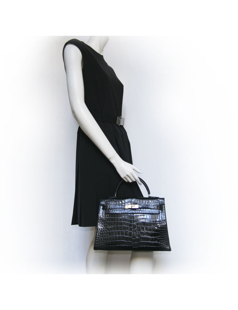 Kelly 32 crocodile porosus noir bijouterie dorée