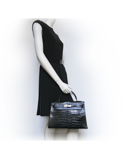 Kelly 32 crocodile porosus noir bijouterie dorée