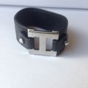 HERMES black leather and "H" Palladium bracelet