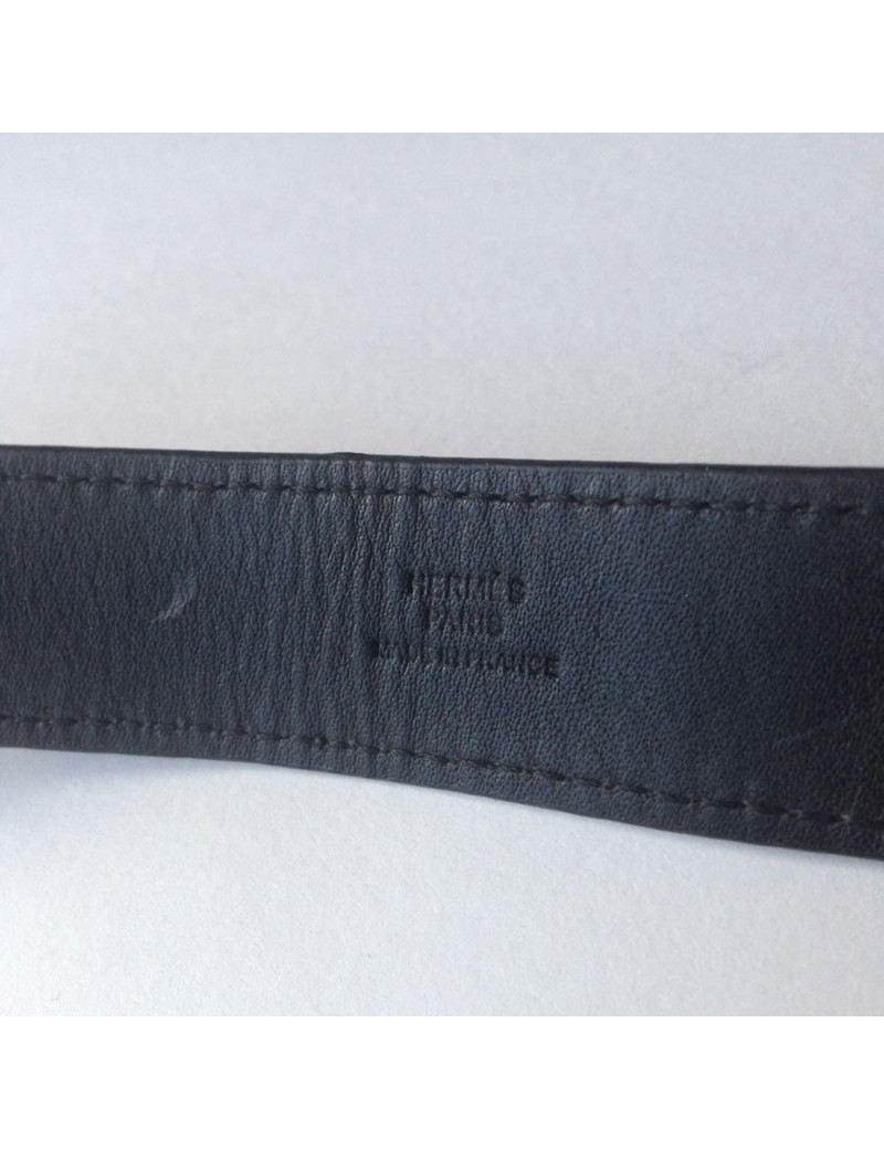 Bracelet HERMES cuir noir et "H" palladié