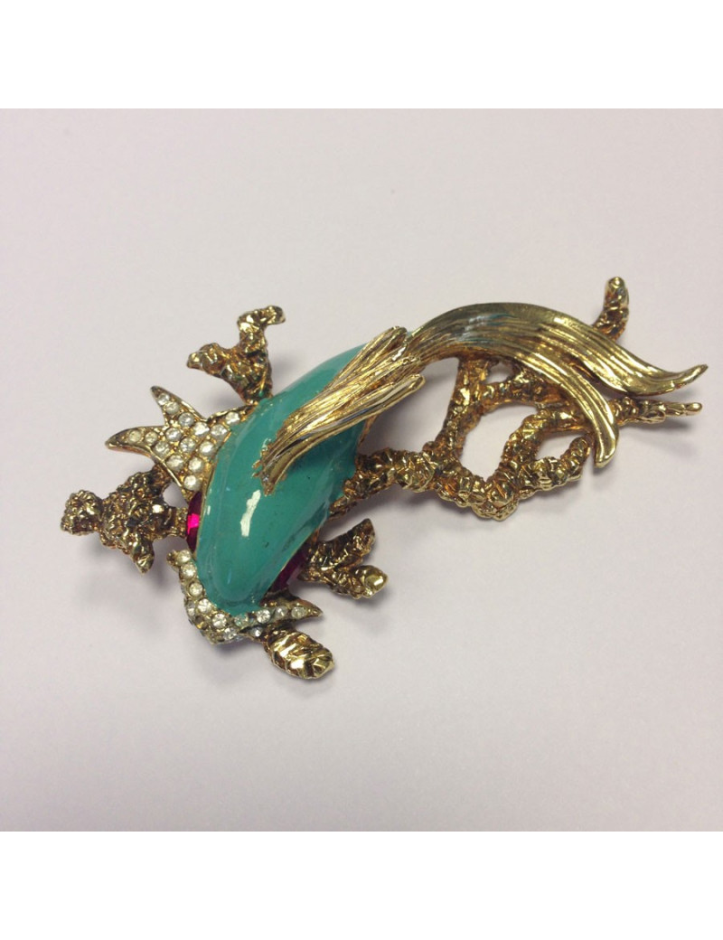 Broche CARVEN poisson émaillé turquoise dorée