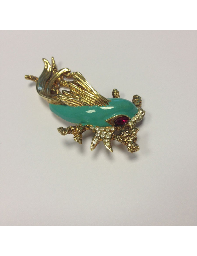 Broche CARVEN poisson émaillé turquoise dorée